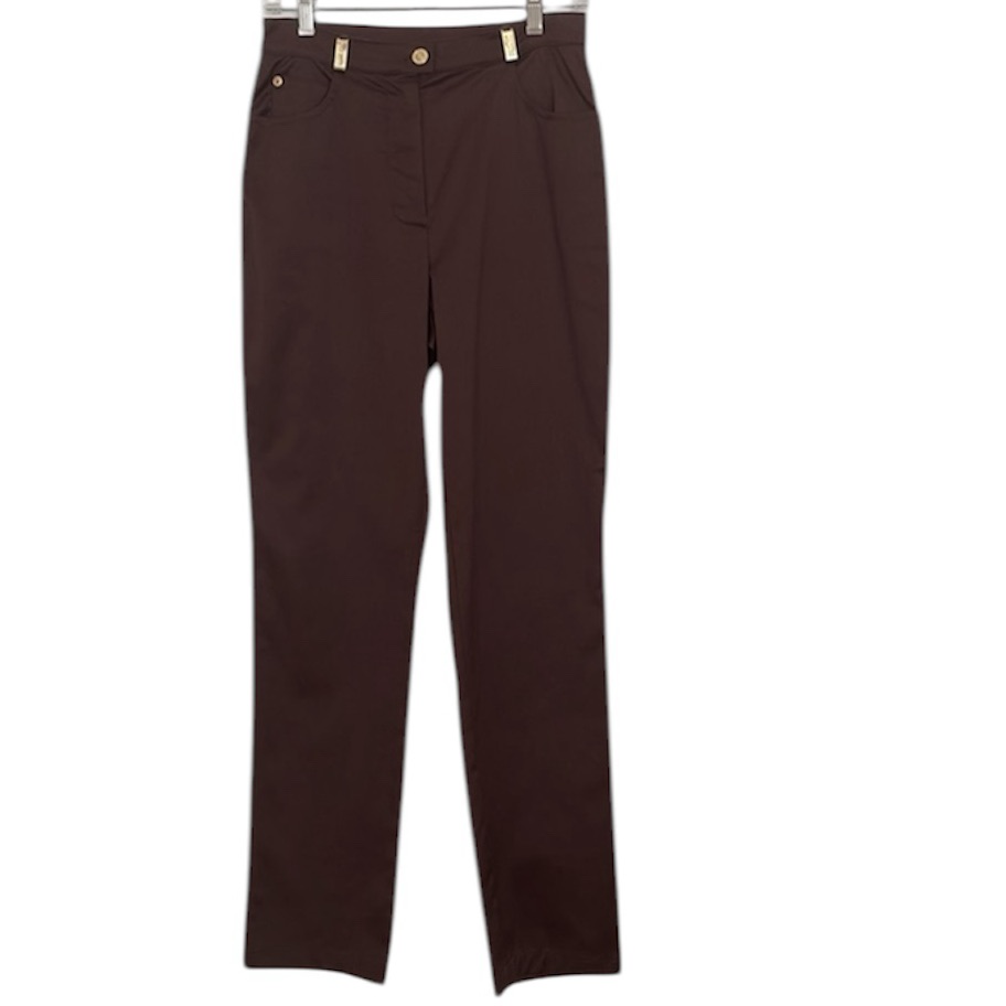 St. John Brown Cotton Blend Straight Leg High Waisted Pants Gold Logo Hardware